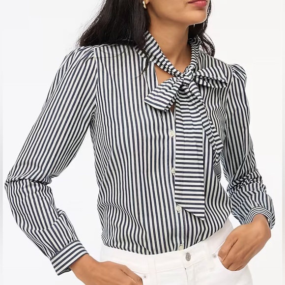 J. Crew Tops - J.Crew White Blue Stripe Bow Tie-Neck Top
